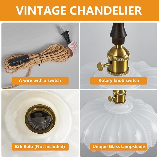 Modern White Plug in Glass Pendant Light Retro Flower Glass Hanging Lamp Gold Brass Decorative Adjustable Ceiling Hanging Light Suitable for Kitchen Island Bedroom Dining Room Living Room