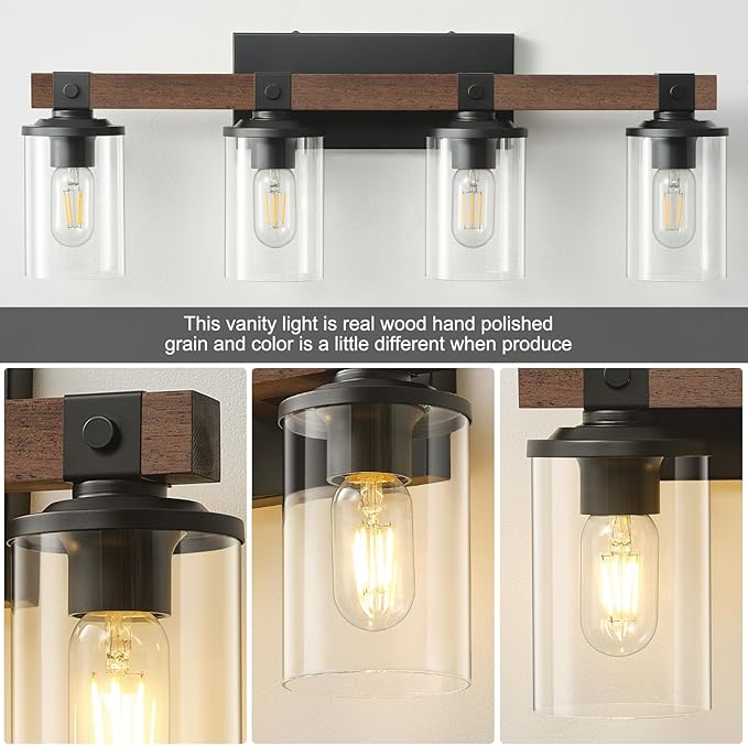 Bathroom Vanity Light Fixtures 4 lights, Wooden Farmhouse Vanity Lights Rustic Bathroom Lights over Mirror with Clear Glass Shade Black Industrial Wall Sconce for Bathroom Bedroom Hallway Kitchen