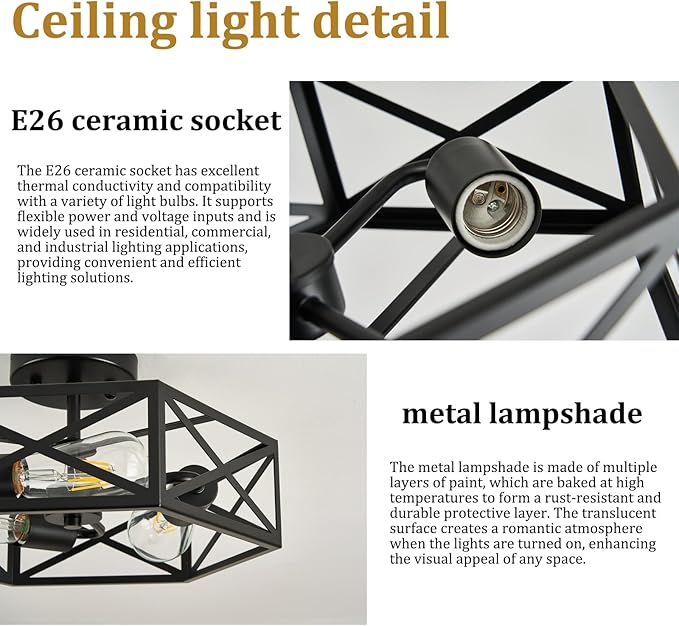 Modern Farmhouse Black Ceiling Light,Industrial Semi Flush Mount Ceiling Lighting Fixture,Hexagonal Lighting Fixtures for Kitchen,Bedroom,Foyer,Dining Room,Hallway,3-Light,14.6 Inch
