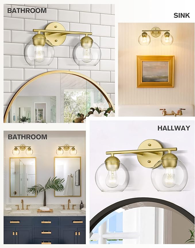 Emak 2-Light Gold Bathroom Light Fixtures Over Mirror, Globe Bathroom Vanity Light with Clear Glass Shades and Gold Finish, VL114-GD-2