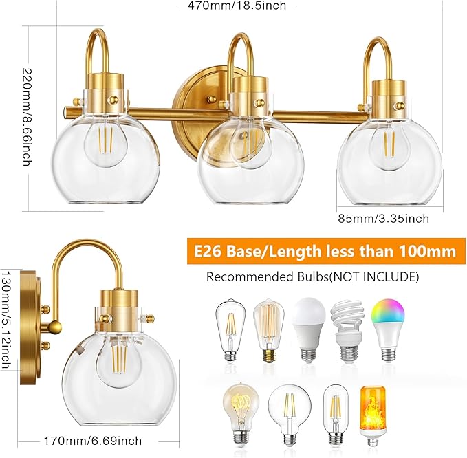 3-Light Vanity Light, Brushed Brass Bathroom Light Fixtures, Farmhouse Wall Sconces with Globe Clear Glass Shade, Porch Wall Mount Lamp for Mirror, Kitchen, Porch, Living Room, Workshop (E26 Base)