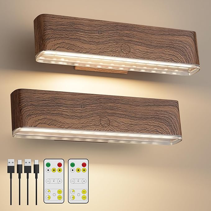MOITA Magnetic Wireless Battery Operated Wall Sconce, Rechargeable Remote Control & Touch Control Wall Sconces Set of Two, 3-Color Temperatures LED Wall Lights, 360° Rotatable (Walnut, 2-Pack)