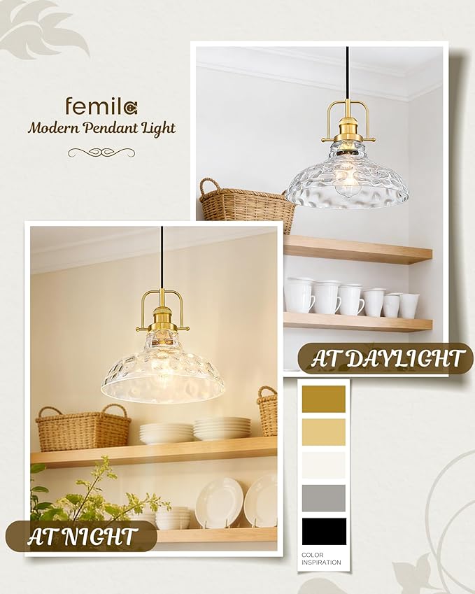FEMILA 11" Modern Kitchen Pendant Lighting Over Island, Farmhouse Gold Pendant Light, Adjustable Height, Brushed Gold Finish, 4FY09-MP BG-WG