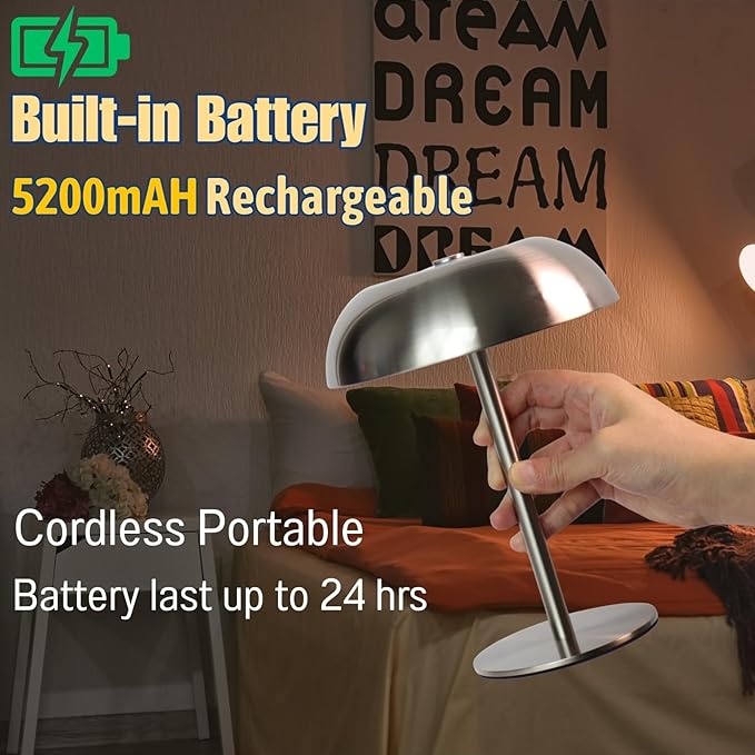 Portable LED Mushroom Table Lamp, 8.46'' Metal Small Cordless Desk Night Light with 5200mAh Rechargeable Battery, Stepless Dimming Lamp with 3 Colors for Bedroom/Bar/Coffee Shop (Silver)