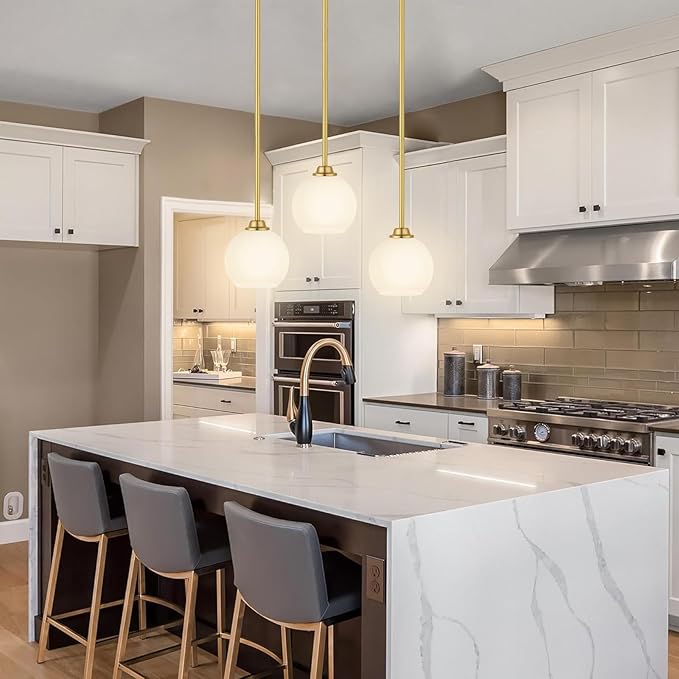 Modern Gold 2-Pack Pendant Light Fixture, Globe Shape, Adjustable Height, Kitchen Island, Dining Room, Living Room, Milk Frosted Glass Shade, ETL Listed
