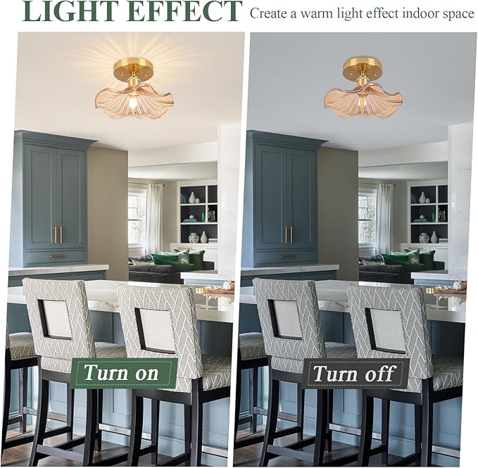 Semi Flush Mount Ceiling Light,Flower Amber Glass Ceiling Lighting 8.8" E26 Porch Ceiling Light Fixtures for Closet Hallway Kitchen Dining Room