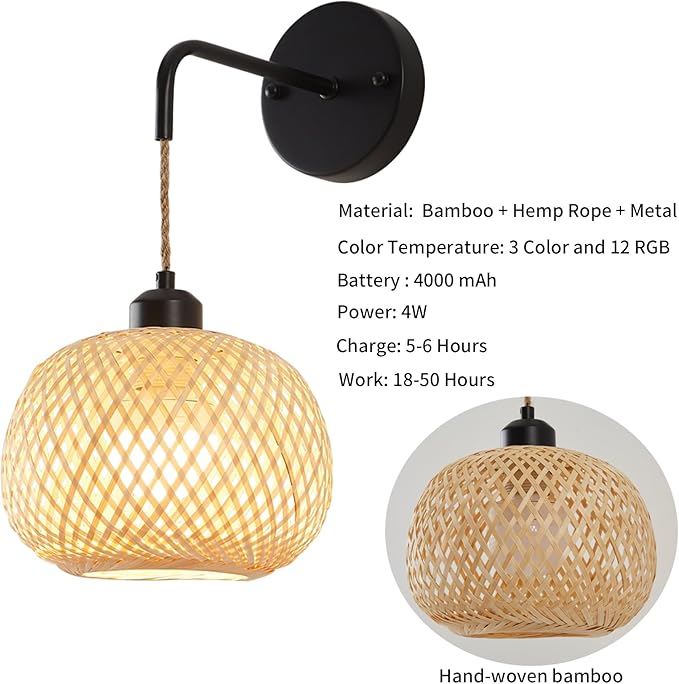 Vitnucrol Battery Operated Wall Sconce Set of Two, Bamboo Rechargeable Boho Wireless Sconces with Remote, Dimmable Non-Hardwired Farmhouse Wall Lights for Bedroom Living Room (Black, 8 inches)