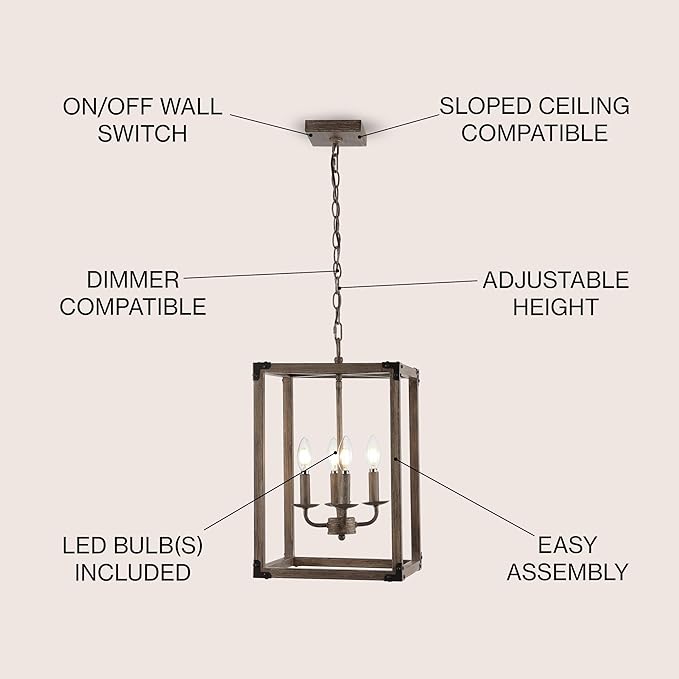 JONATHAN Y 12" Brown/Oil Rubbed Bronze Rustic Farmhouse 4-Light LED Pendant, Adjustable Iron Lantern Chandelier for Kitchen Island, Barnwood Wood Grain Finish JYL7475A