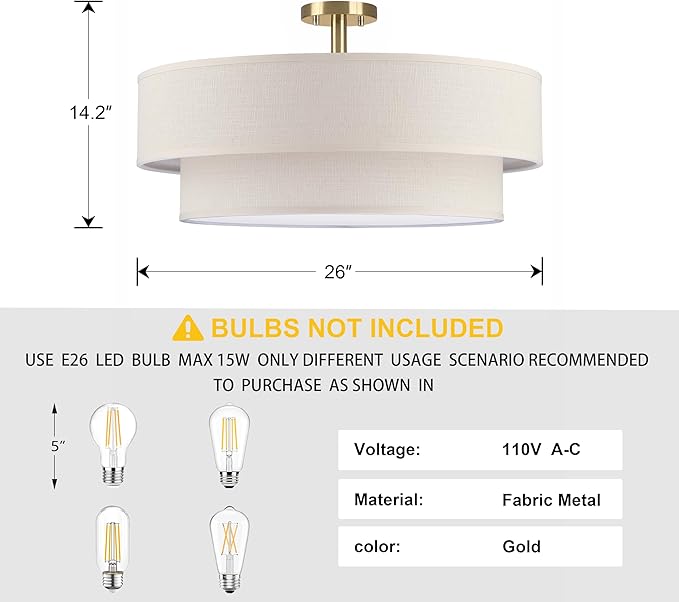 6 Lights 26 Inch Semi Flush Mount Close to Ceiling Light Fixture,Cream Fabric Shade Gold Finish for Bedroom,Living Room,Dining Room Hallway