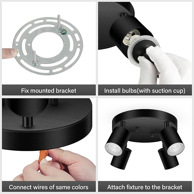 4 Light Track Lighting Fixtures Ceiling, Matte Black Round Directional Ceiling Spotlight, GU10 Flush Mount Track Fixture, Adjustable Modern LED Track Lights for Kitchen/Living Room, Bulb Not Included