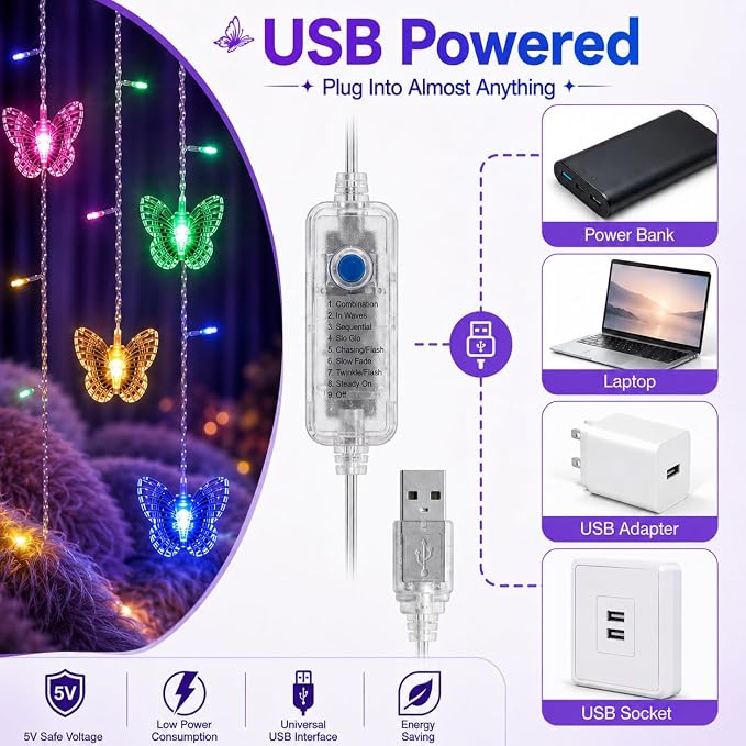 Butterfly Curtain Fairy Lights USB Plug in,8 Modes 120 LED 20FT Firefly Twinkle Timer String Lights with Remote for Bedroom Patio Christmas Wedding Party (Multi-Colored(Pink))