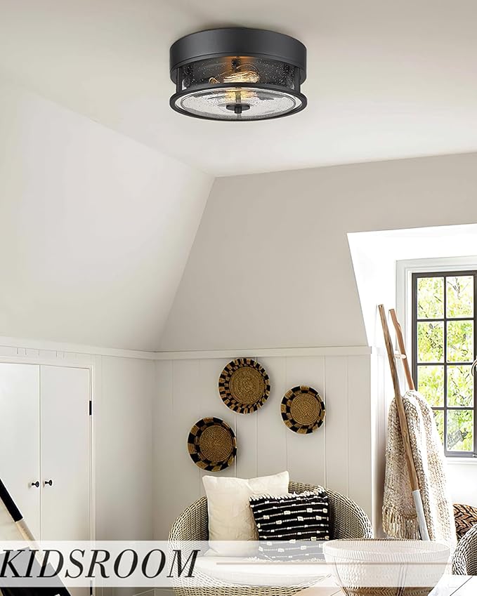 Black Flush Mount Ceiling Light, HWH Industrial Close to Ceiling Light Fixture with Seeded Glass Shade, 12'' Light Fixture Ceiling for Hallway, Farmhouse, Foyer, Laundry, Matte Black, 5HWY65F BK