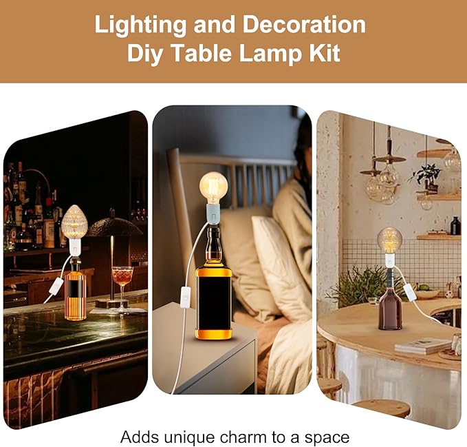 2 Pack Bottle Lamp Kits, 240cm Wine Bottle Table Lamp, DIY Lamp Fittings Kit for Table Lamp with E26/E27 to B22 Converter 3 Sizes of Corks No Drilling (No Bulb)