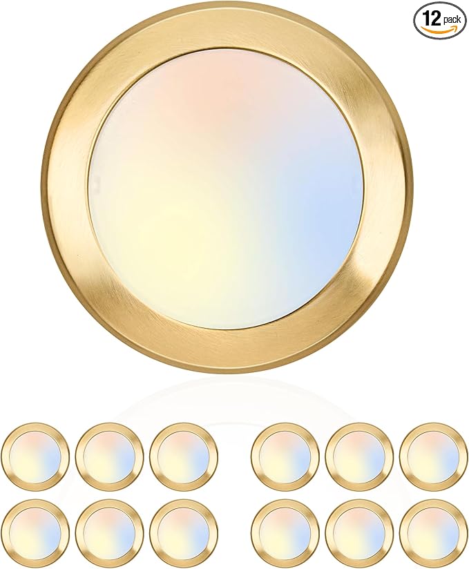 hykolity 5/6 Inch Selectable CCT LED Disk Light Flush Mount, 3000K/4000K/5000K, Dimmable Recessed Retrofit Ceiling Light, CRI90, 1050lm, 15W, Installs Into Junction Box or Recessed Can, Gold, 12 Pack