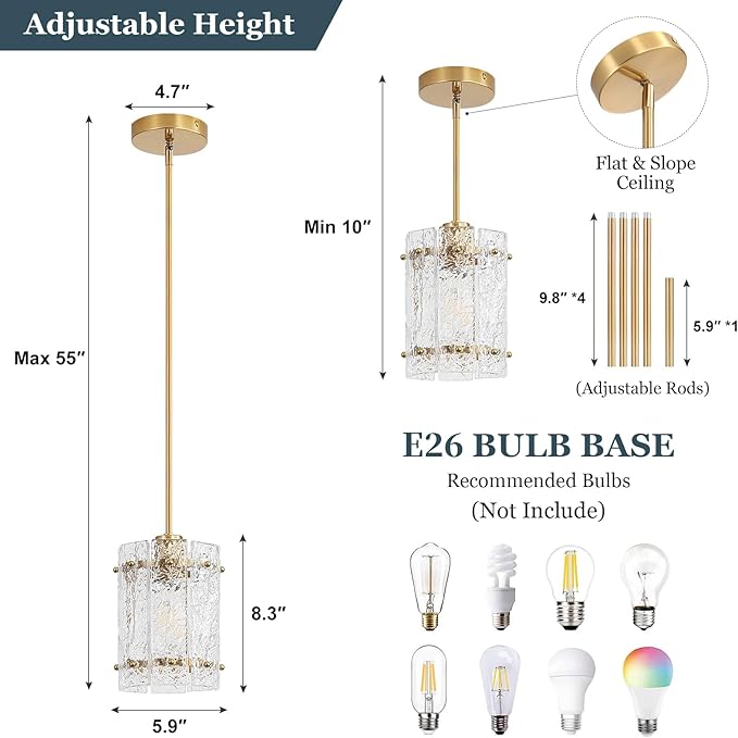 Gold Pendant Lights Kitchen Island, Water Ripple Round Pendant Lights Adjustable Modern Hanging Pendant Light Fixtures for Kitchen Island Dining Room Above Sink Foyer Entryway 2 Pack