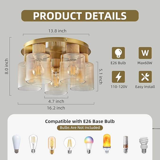 5-Lights Semi Flush Mount Ceiling Light Kitchen Lighting Fixtures Ceiling Gold Solid Wood Kitchen Cieling Light Fixtures with Clear Glass Shade for Dining Room Entryway Foyer Hallway