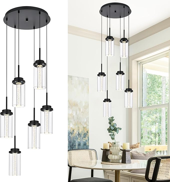 MELUCEE Modern LED Pendant Light Fixtures 6-Light Pendant Lights Kitchen Island with 3000K-6000K Adjustable Color Temperature Black Ceiling Hanging Lamp for Dining Room Bedroom Kitchen Island