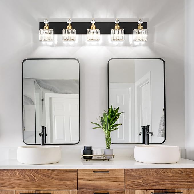 PRESDE Crystal 5 Light Bathroom Vanity Lights Modern Black and Gold Bathroom Lights Fixtures Over Mirror Modern Bath Wall Lighting