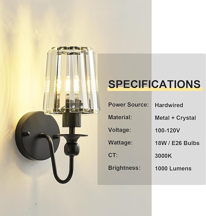 KARTOOSH Hardwired Crystal Wall Sconces Set of Two - Dimmable Wall Light Fixtures 3000K, Warm White, for Hallway, Bathroom, Living Room, Bedroom, Black, 11.2 Inch