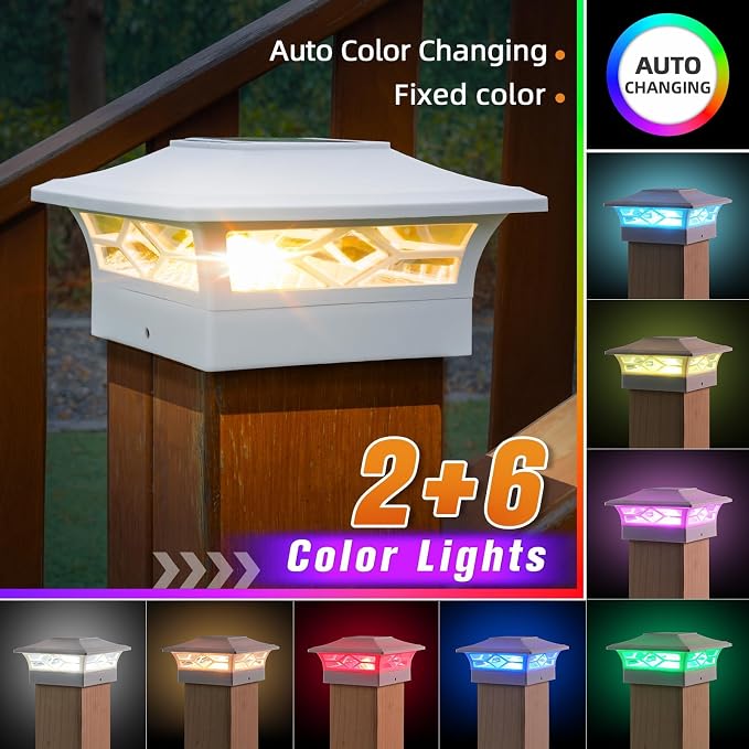 APONUO Solar Post Cap Lights with 8 RGB Colors and Multicolor Flow, Ultra-Bright Clear Lens, IP65 Waterproof for 4x4 5x5 6x6 Wood & Vinyl Fence Posts, 6 Pack White