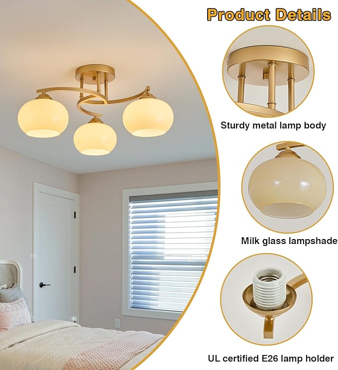 Semi Flush Mount Ceiling Light Fixture,Vintage Modern Gold Globe Sputnik Chandeliers 3-Light Mid Century Milk Glass Chandelier for Dining Room Kitchen Island Bedroom Living Room Entryway