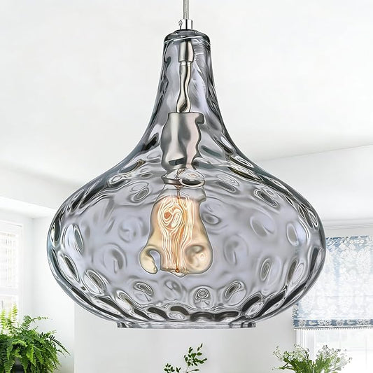 CATINER 11" Smoked Hammered Glass Pendant Light – Blown Glass Ceiling Fixture with Brushed Nickel Finish, Modern Industrial Lighting for Kitchen Island, Dining Room, Hallway, Living Room