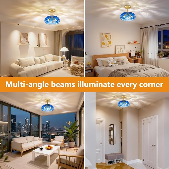 Blue Semi Flush Mount Ceiling Light, 12''& 3-Light Vintage Ceiling Light Fixture, Brass Indoor Hammered Glass Shade for Entryway, Bedroom, Kitchen, Living Room, Hallway, Farmhouse Bulbs Not Included