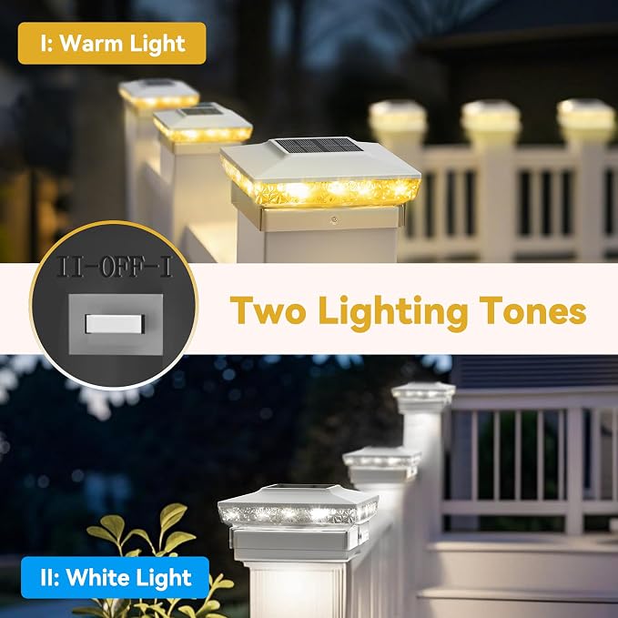KEILAIMO Solar Post Cap Lights, 16-Pack Upgraded Outdoor Deck Fence Post Solar Lights for 4x4 5x5 Wood/Vinyl Posts, IP65 Waterproof, 10-12 Hours Warm/Cool White Glow for Garden/Patio/Porch - White