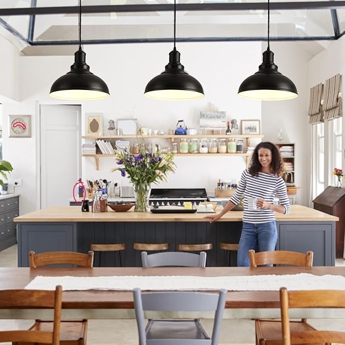 2PCS Matte Black Pendant Lights, Farmhouse Pendant Lamp with Metal Shade (White Inside), Industrial Pendant Lighting for Kitchen Island, Dining Room, Bedroom, Hallway