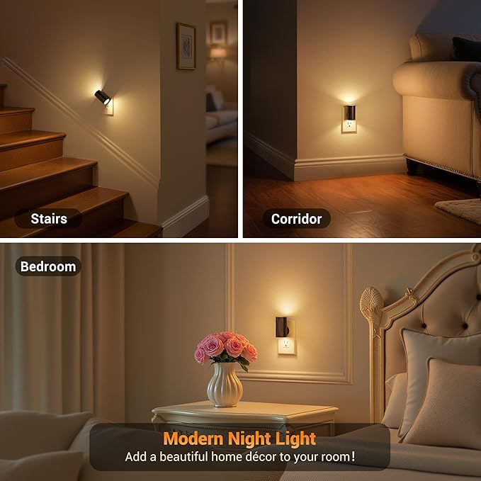 JandCase LED Night Light Plug in, Rotating Night Lights Plug into Wall [4 Pack], Dusk to Dawn Sensor, 2 Level Brightness Adjustable Nightlight, Warm White 3000K, for Bathroom Bedroom Hallway Stairs