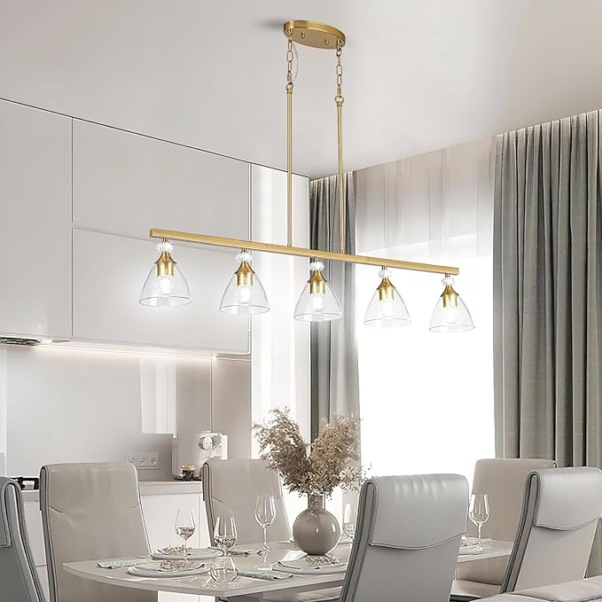 5-Light Gold Finish Kitchen Island Pendant Lighting with Clear Glass Shades for Dining Table, Kitchen Island, Living Room