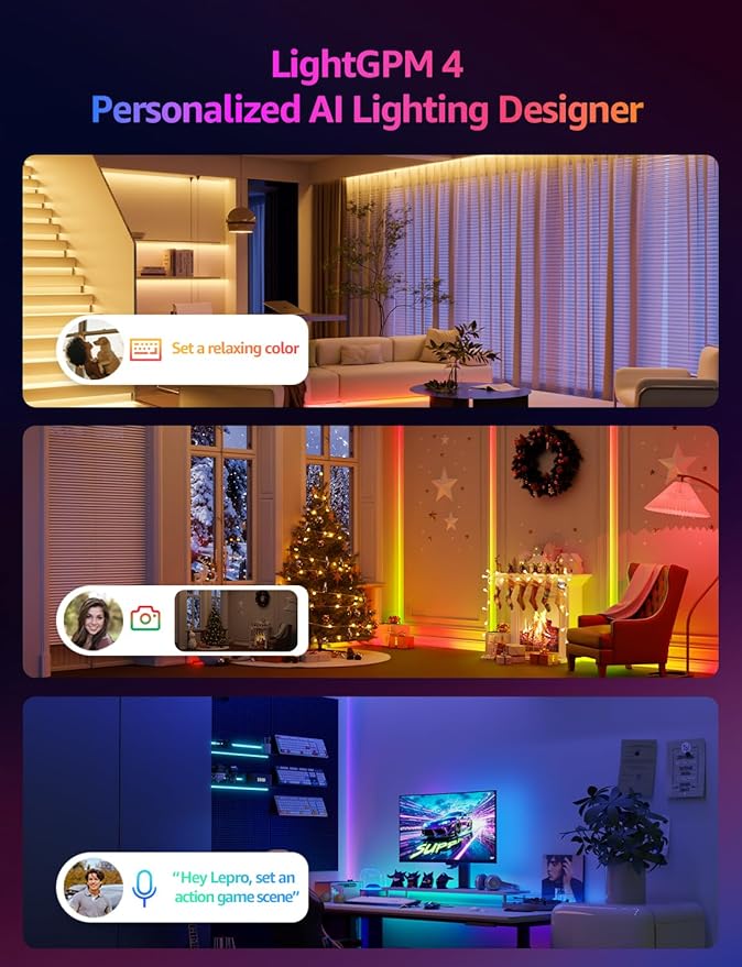 Lepro S1 AI LED Strip Lights for Bedroom - 65.6ft Smart RGB Light Strips with IC and Rainbow Chasing Effects, Color Segment DIY, Personalized Al Lighting Designer, No Remote, 2.4G Wi-Fi & Bluetooth