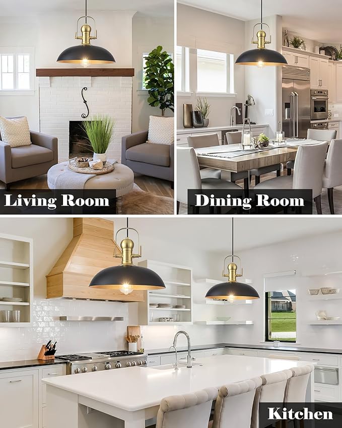 Black and Gold Pendant Lights 2 Pack, 13.8 Inch Black Farmhouse Pendant Light, Industrial Pendant Light Kitchen Island, Island Pendant Lights for Kitchen Barn Hallway Porch Dining Room
