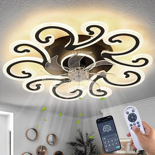 HuixuTe 29" Black Flower Modern Ceiling Fan with Lights Remote Control, Low Profile Ceiling Fan with Light for Kitchen Bedroom Living Room
