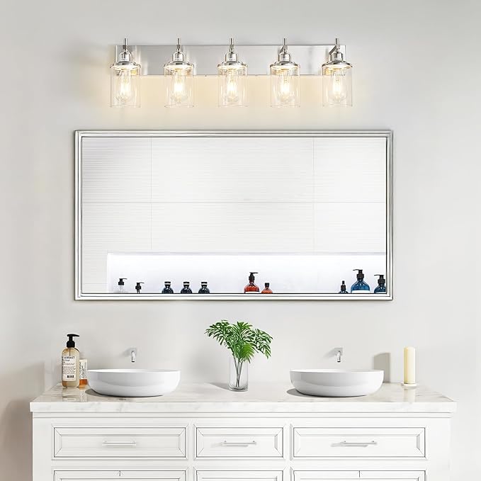 Lanhall 5-Light Brushed Nickel Bathroom Light Fixture Over Mirror Modern Bathroom Vanity Light Vintage Wall Lighting with Clear Glass Shade for Bathroom, Bedroom, Hallway, Cabinet