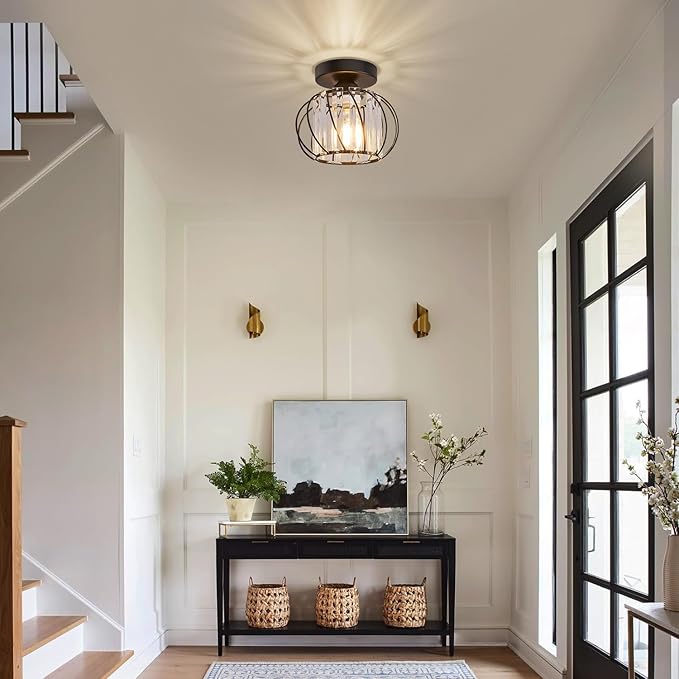 Semi Flush Mount Crystal Ceiling Light, Metal Cage Hallway Ceiling Lamps, Farmhouse Ceiling Light Fixture, Industrial Crystal Chandelier for Corridor Bathroom Kitchen (1, Black, 7.5 Inch)