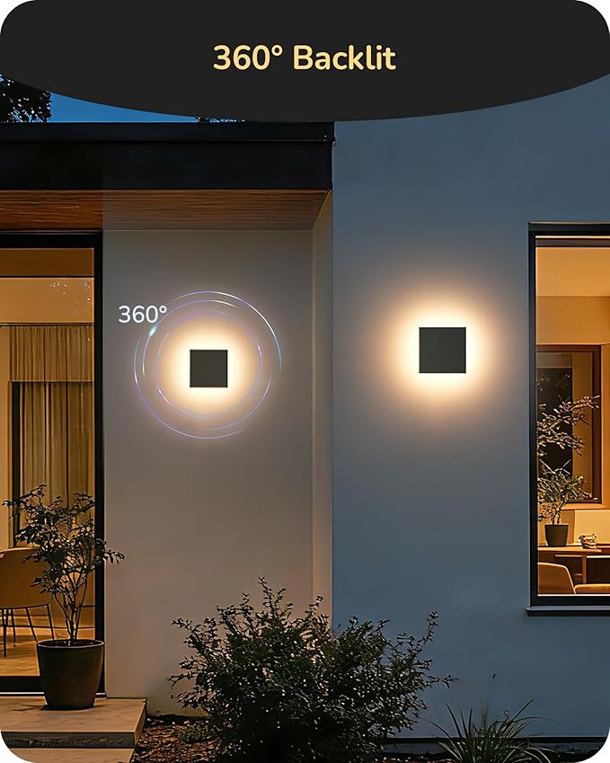 EDISHINE 2 Pack LED Wall Lights Outdoor Indoor, 3000K-5000K Dimmable Wall Sconce, 360° Backlit Square Modern Exterior Lighting Fixtures, IP65 Waterproof Aluminum Outside Porch Light, Black