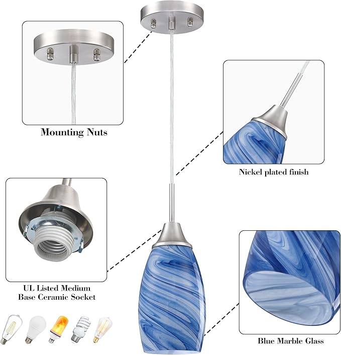 Viinew Glass Pendant Light with Handblown Dark Blue Marble Art Glass Shade Ceiling Light 3-Pack Mini Hanging Pendant Light for Kitchen Island,Dining Room,Living,Foyer,Hallway