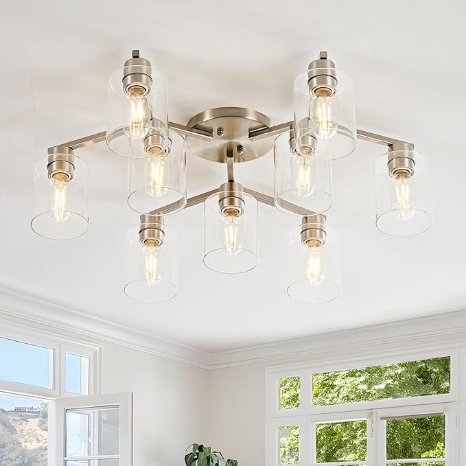 Brushed Nickel 9 Light Dining Room Ceiling Light Fixture Large Semi Flush Mount Ceiling Light Fixture Kitchen Lighting Fixtures Ceiling Light for Living Room with Clear Glass Shades