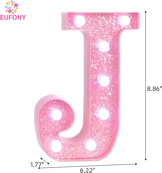 Pink Marquee Light Up Letters, Glitter Alphabet LED Letter Lights for Pink Birthday Party Decorations, Battery Operated Letter Sign for Girls Room Vanity Table Decor, Cool White Lights Letter J