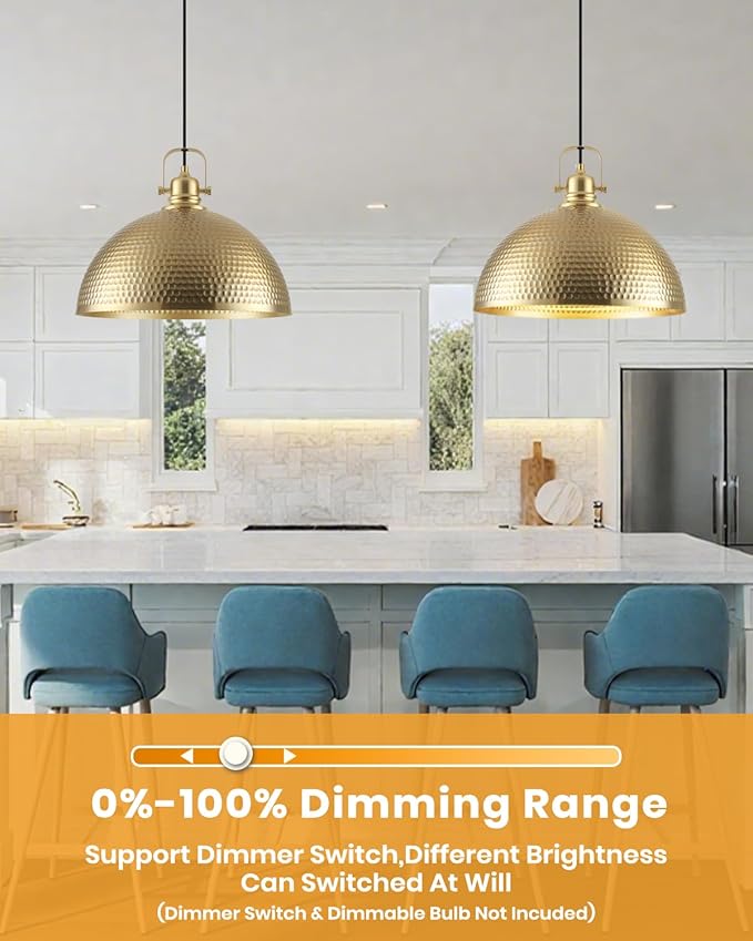 Gold Pendant Light 16 inch, Hammered Large Dome Pendant Light, Industrial Farmhouse Pendant Lights Kitchen Island, Gold Kitchen Pendant Lights for Kitchen, Dining Room Living Room 2 Pack