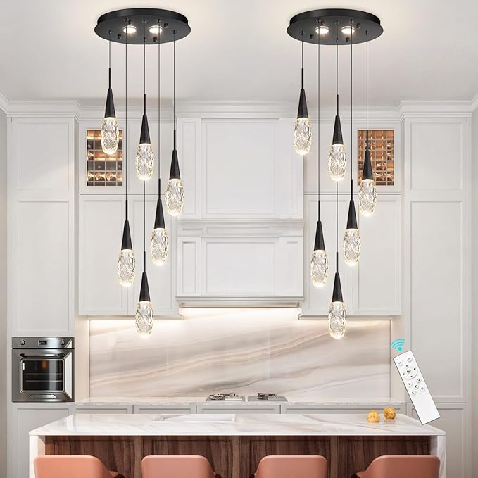 6-Lights Adjustable Pendant Lights for Kitchen Island LED Dimmable Light Fixture Modern Glam Crystal Hanging Lighting for Dining Room Bedroom Black