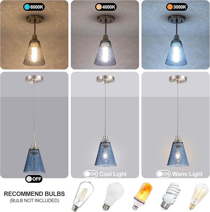 Viinew Mini Glass Pendant Light,5.9" Horn Shape Dark Blue Glass Hanging Light,1-Pack Handblown Clear Blue Seeded Shade Adjustable Cord Ceiling Light Fixture for Kitchen Island Sink