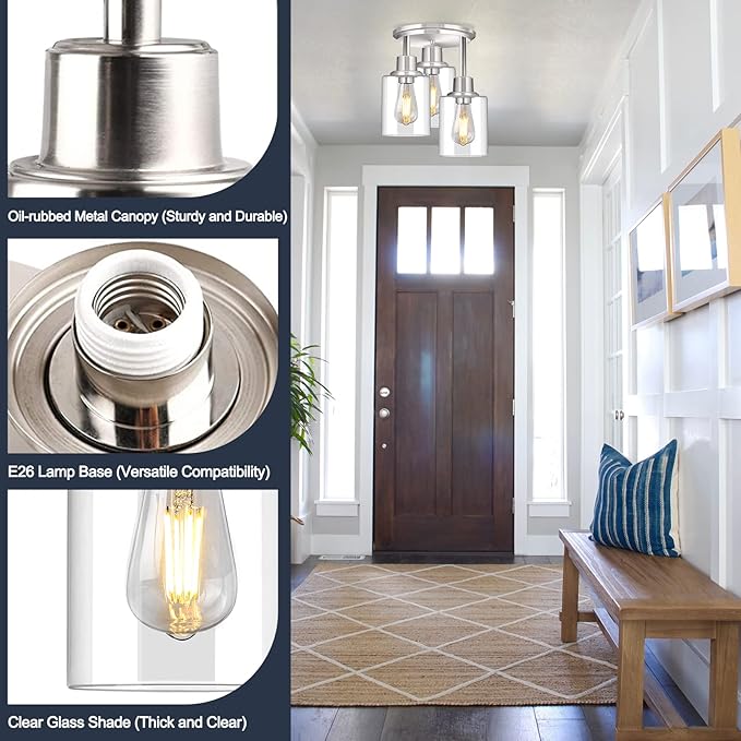 ROTTOGOON Semi Flush Mount Ceiling Light, 3 Light Close to Ceiling Light Fixtures, Brushed Nickel Finish Kitchen Light Fixtures with Clear Glass Shades, Modern Hallway Light Fixtures Ceiling Mount