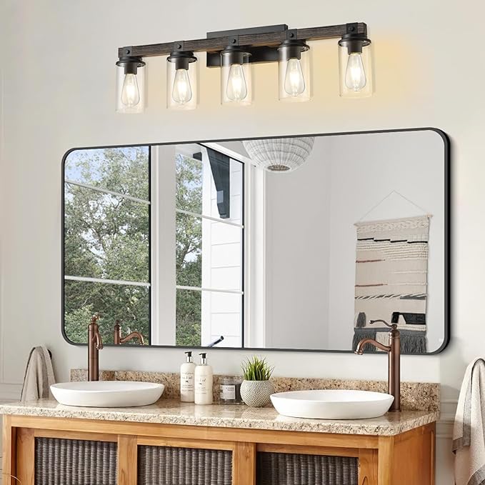 GoYeel Farmhouse Bathroom Vanity Lighting,5 Light Vanity Light Bathroom Lighting Lixtures Over Mirror Wooden with Clear Glass for Hallway Kitchen Sink