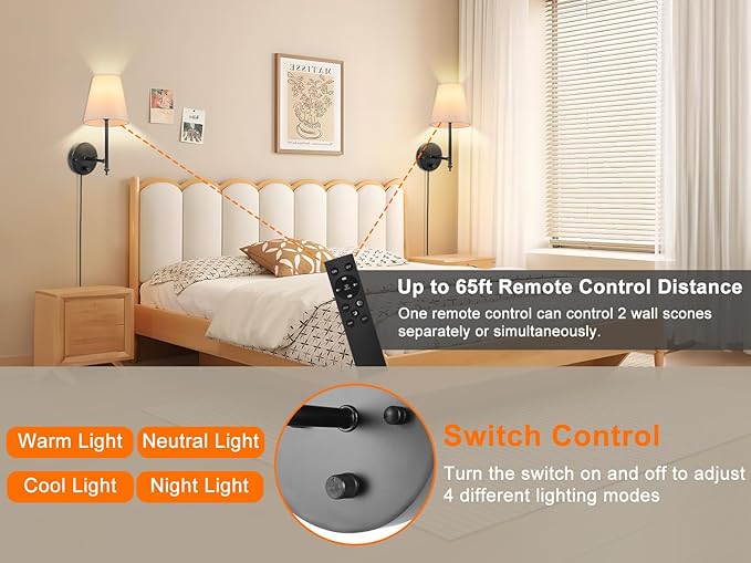 GOODATE 14.1 inch Wall Sconces Set of Two with Remote Control, Dimmable, Adjustable Colors 2700-6500K, Plug in Wall Sconces with White Fabric Shades, Plug in Wall Light, Black