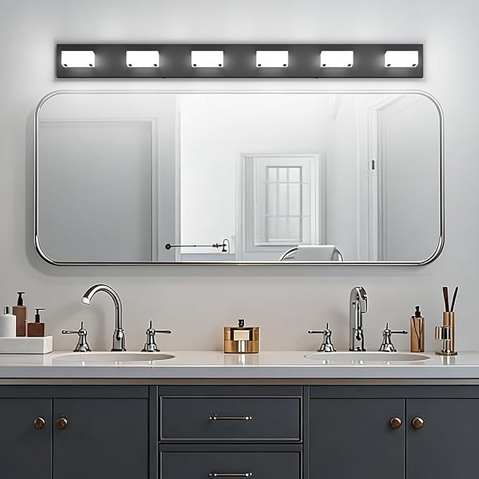 Ralbay Black Bathroom Vanity Lights 48inch Metal Acrylic LED Modern Bathroom Wall Lighting Fixtures Matte Black (White Light 6000K, Non-dimmable)