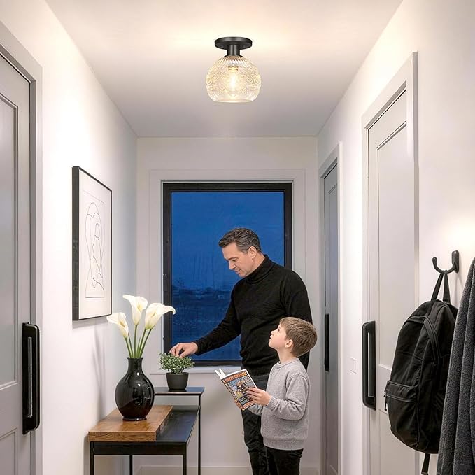 7.09in Semi Flush Mount Ceiling Light Fixture, Vintage Flush Mount Ceiling Light with Glass, Goble Hallway Light Fixtures, Black Bathroom Ceilings Light Overhead Lighting for Porch Corridor Closets