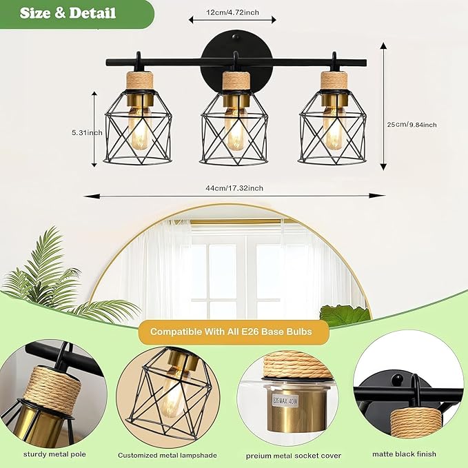 Farmhouse Bathroom Vanity Light Fixtures,3-Light Bathroom Light Fixtures,Sconces Wall Lighting Over Mirror, Black Vanity Lights with Metal Lampshade,Vintage Wall Light for Bedroom Hallway