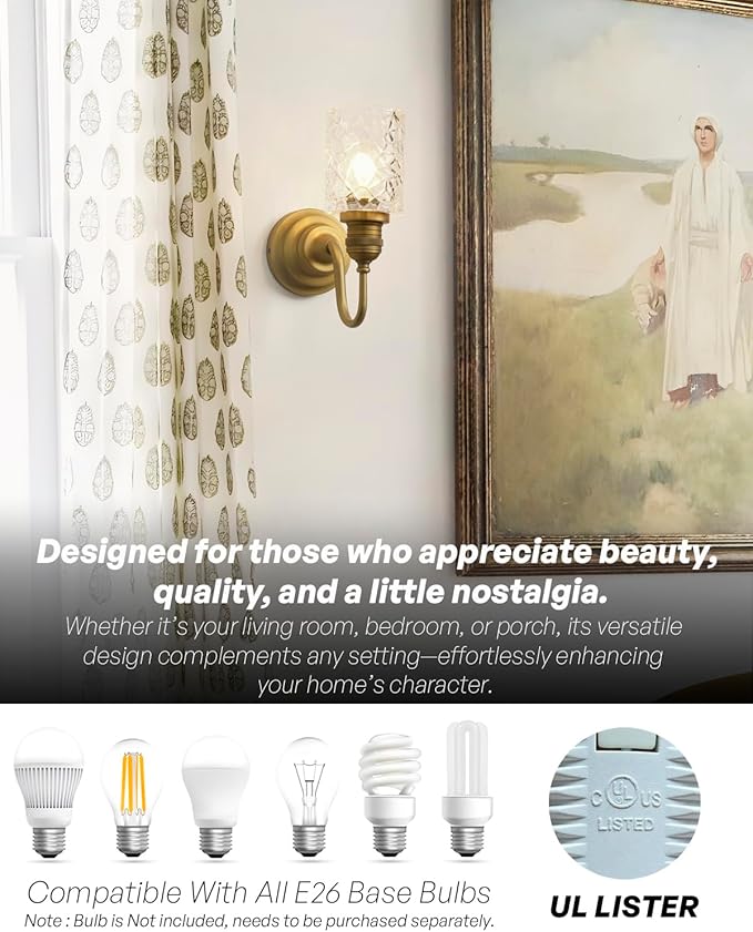 Vintage Wall Sconce Brass Gold Bathroom Vanity Light with Clear Ripple Glass Shade Indoor Hardwire Wall Mounted Lamp Light for Bathroom Mirror Living Room Bedroom Kitchen